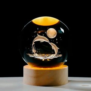 3D Glass Astronomy Night Lamp – LED Solar System Moon Light with Base (Dolphin Design)