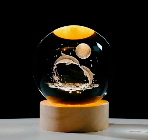 3D Glass Astronomy Night Lamp – LED Solar System Moon Light with Base (Dolphin Design)
